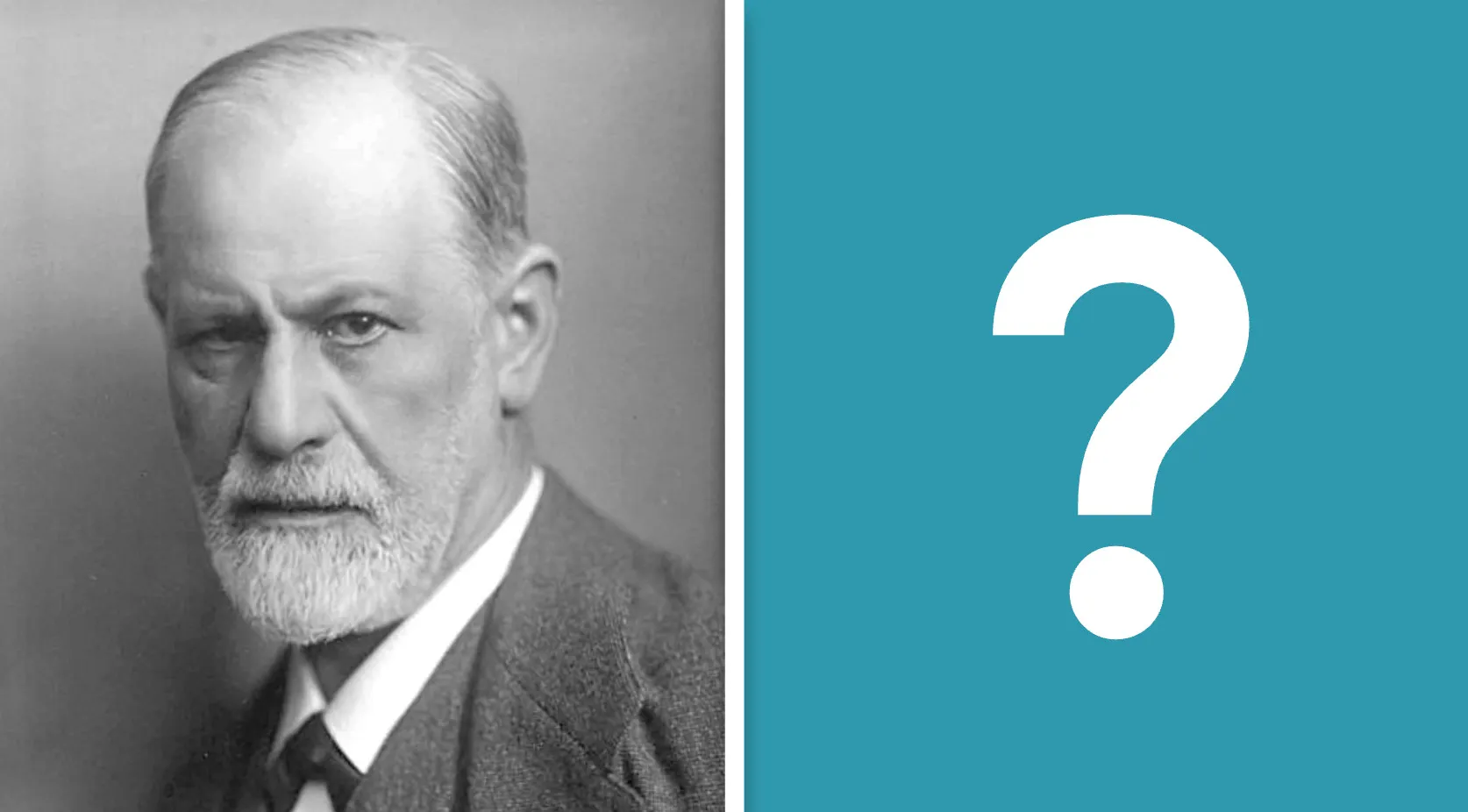 Sigmund Freud portrait next to a question mark, prompting a general knowledge quiz on big ideas.