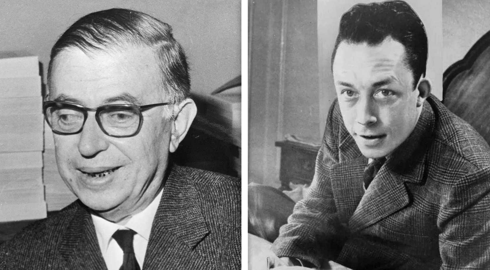 Black and white photo of Jean-Paul Sartre and Albert Camus, key figures in Existentialism. Big Ideas quiz.