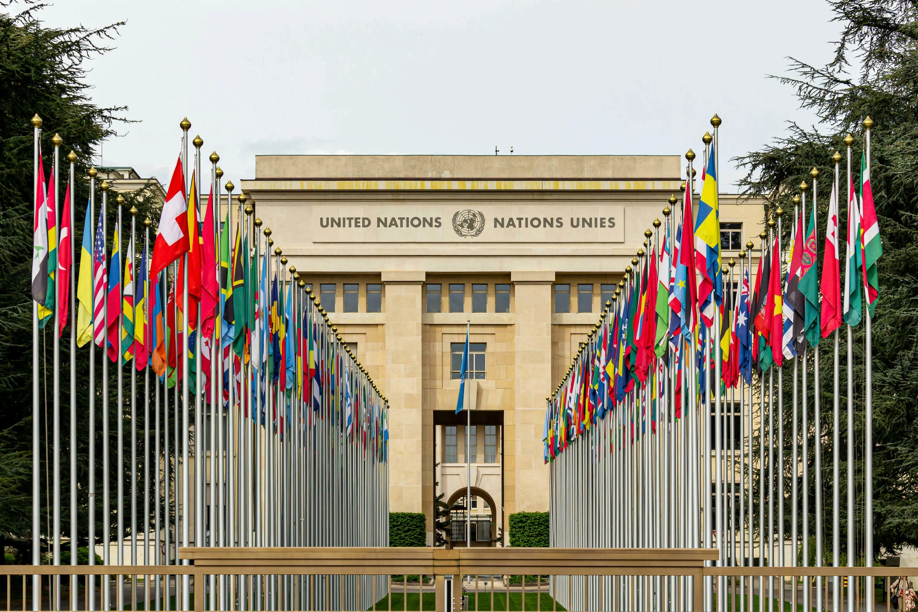 The United Nations building with flags of many nations displayed in rows. A general knowledge quiz topic.