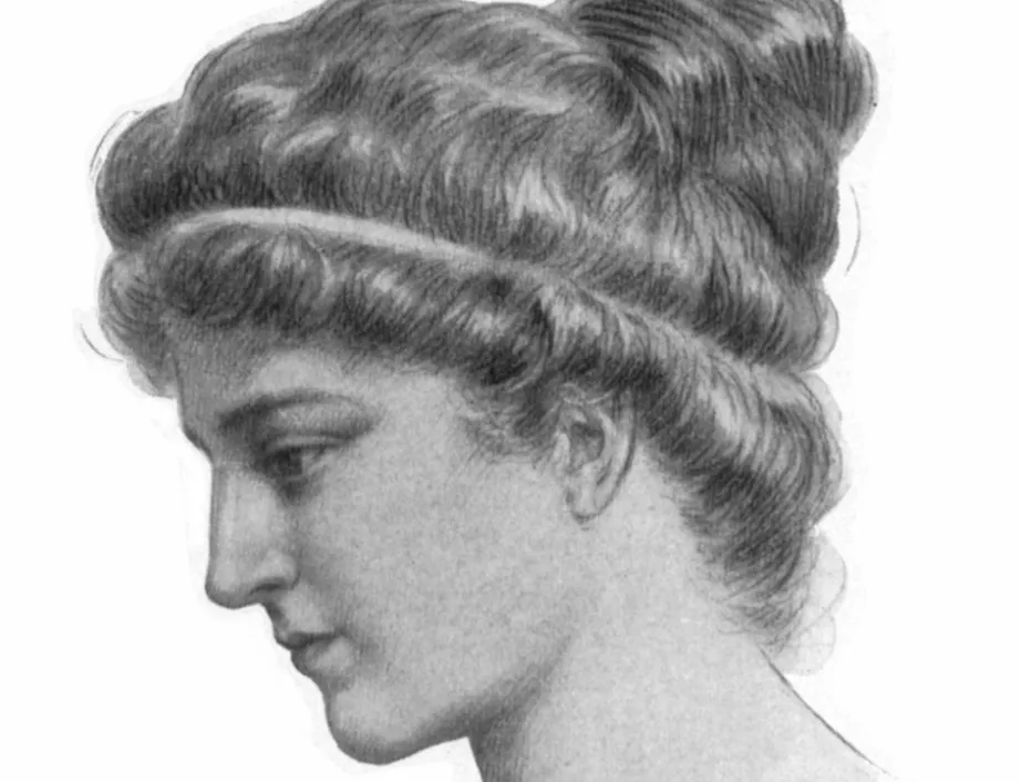 Pencil sketch of Hypatia de Alexandria in profile, an astronomer with hair styled in an updo, looking downwards thoughtfully.