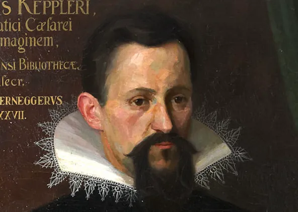 A painting of Johannes Kepler, an astronomer with a beard and mustache, wearing a white ruffled collar.