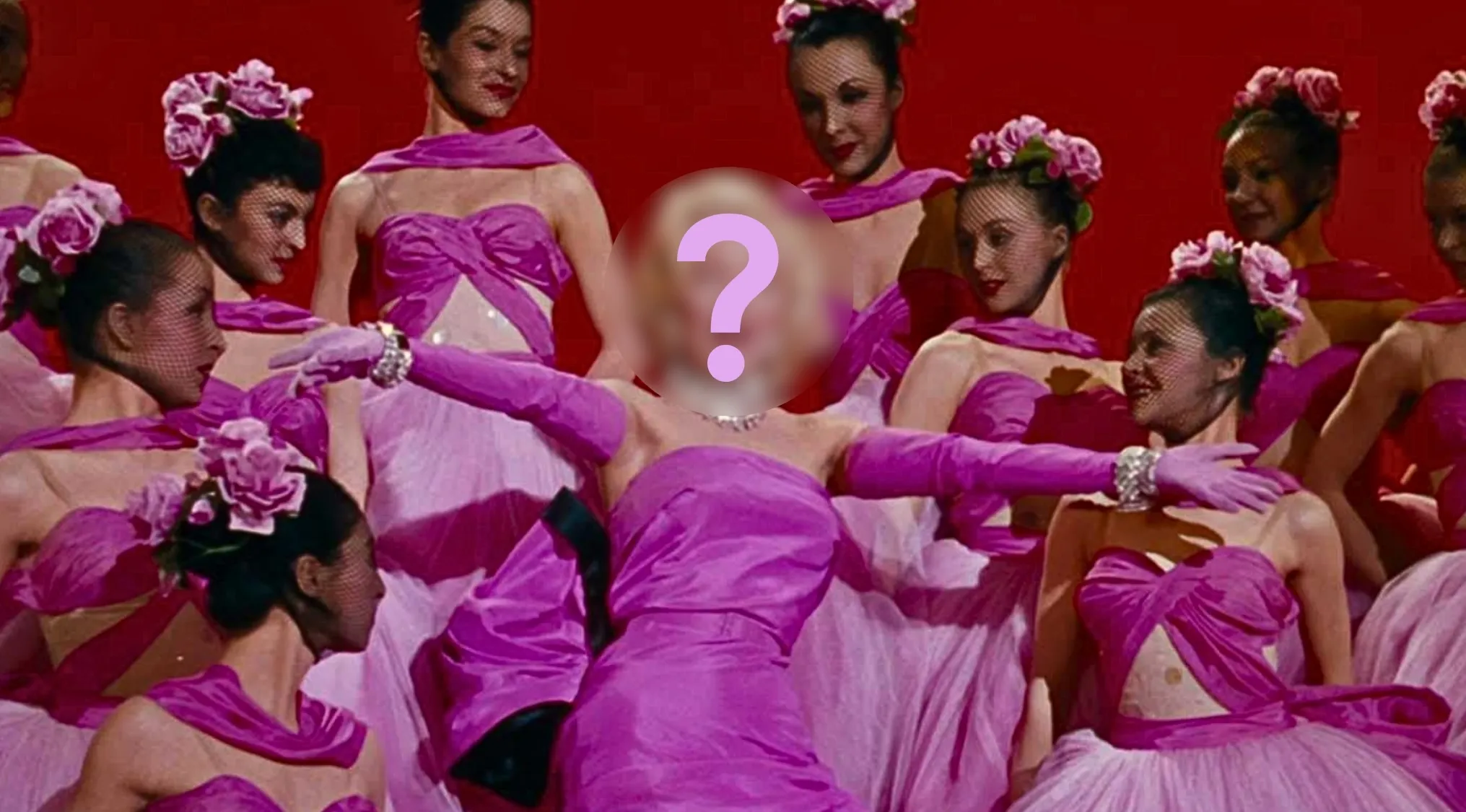 An actress, blonde bombshell, missing face, surrounded by dancers in pink, an icon of the 1950s and 60s.