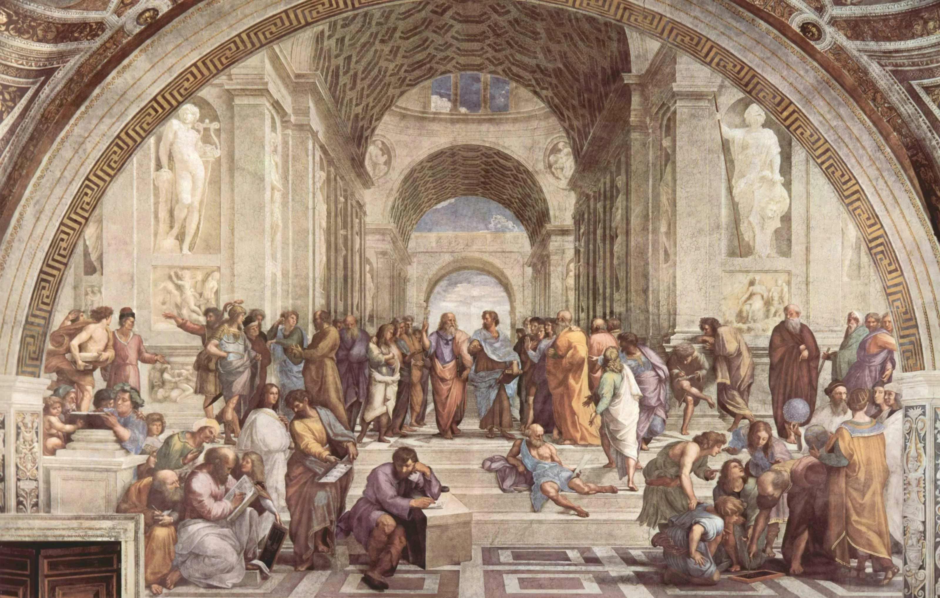 A mural showing Greek philosophers, including Plato and Aristotle, discussing within an arched hall during the Renaissance. General Knowledge, Renaissance.