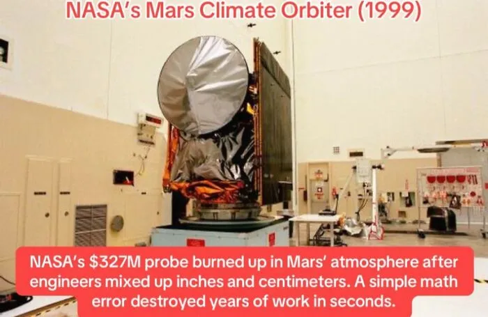 NASA Mars Climate Orbiter probe lost due to a math error, destroying years of space research