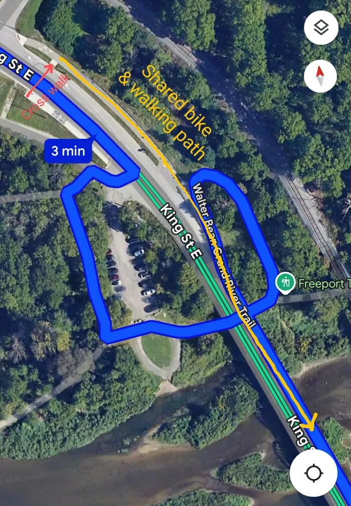 Google Maps screenshot showing shared bike and walking path route map