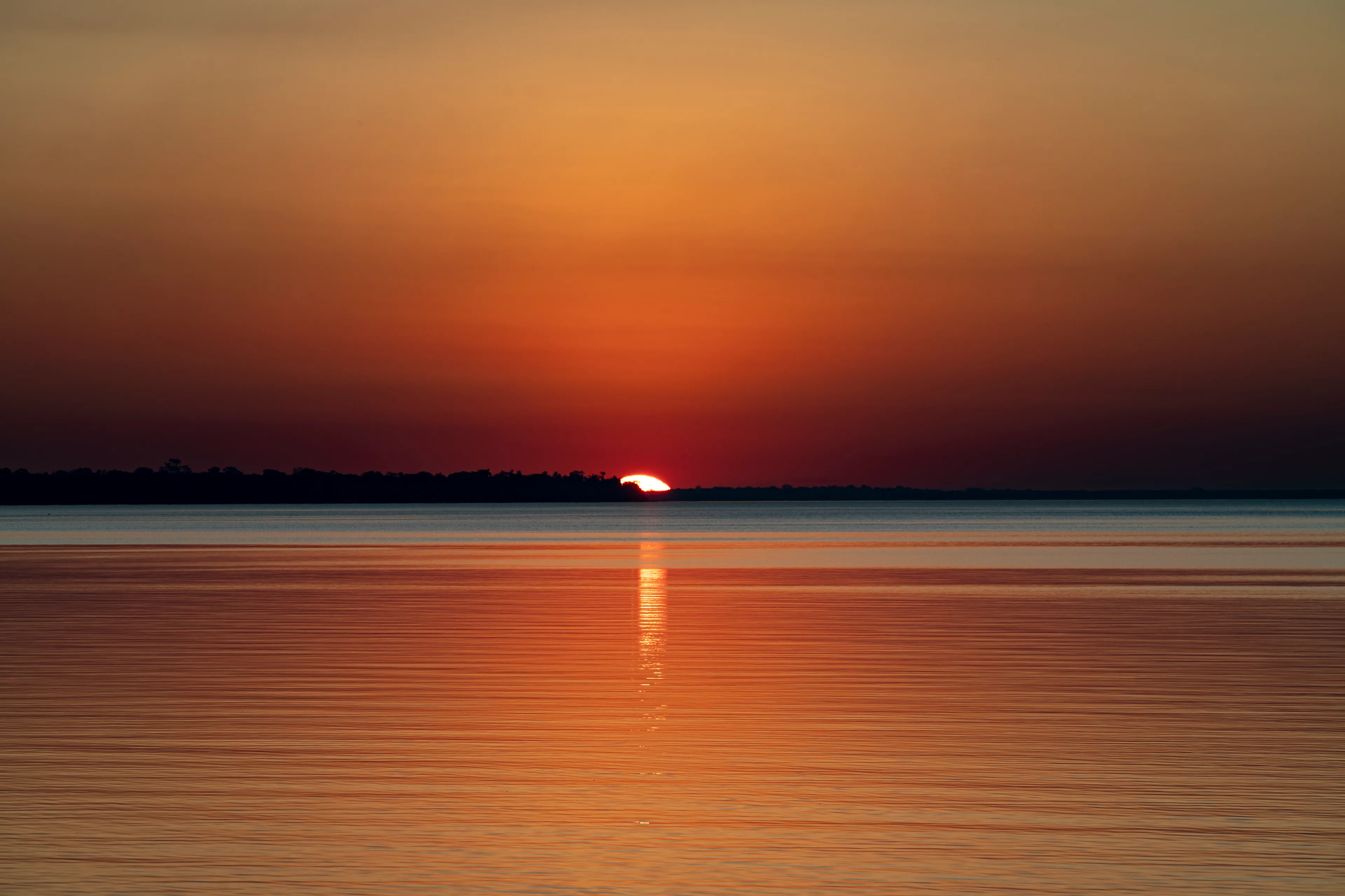 A vibrant sunset over calm water, with the sun dipping below the horizon. React to change with this beautiful scene.