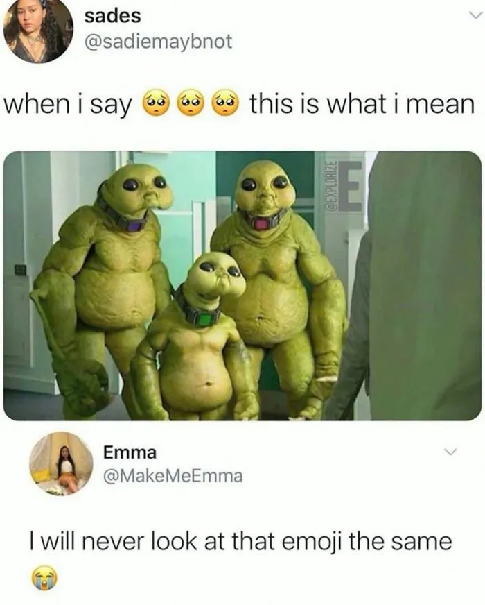 Funny meme with crying emoji and green alien creatures