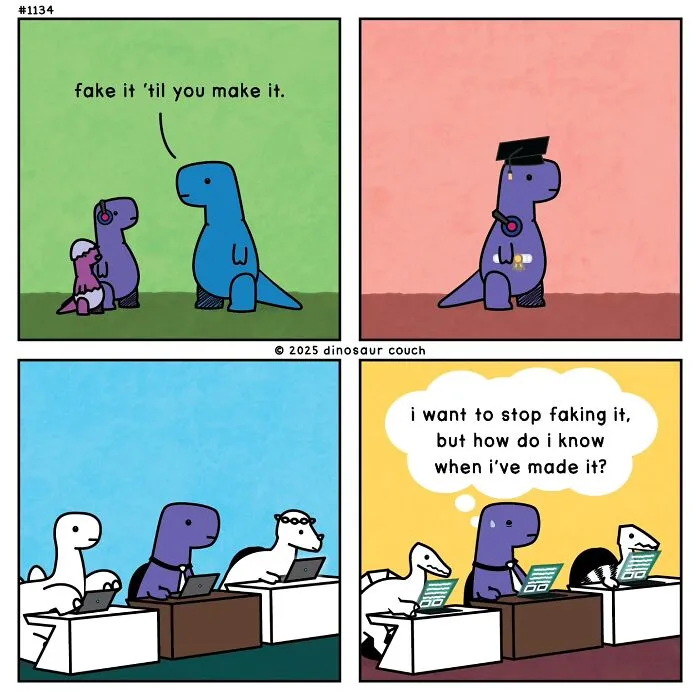A dinosaur asks how to know when it's made it in a relatable Dinosaur Couch comic about anxiety and humor.