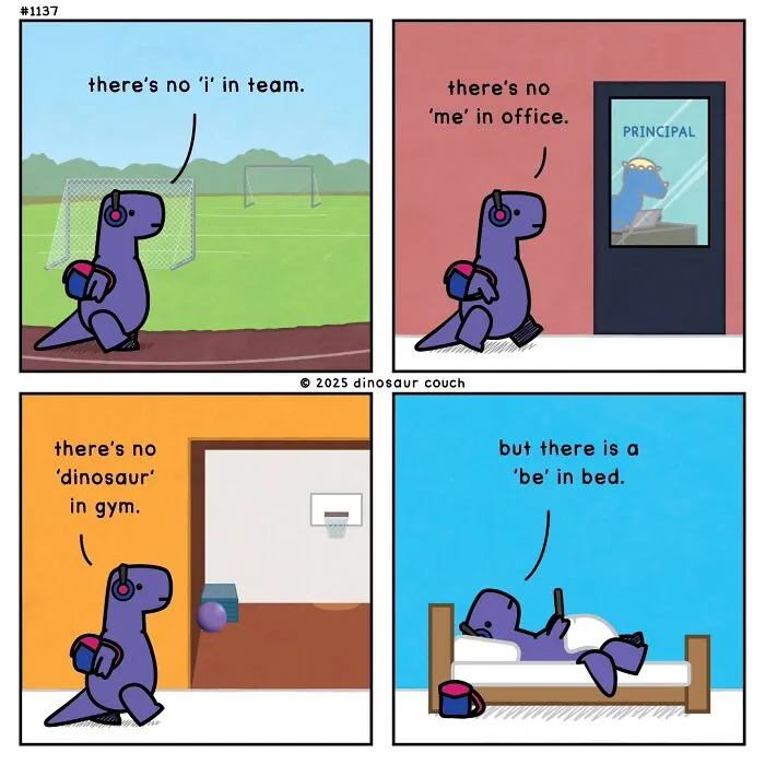 Dinosaur Couch comic showing humor in anxiety, with a dinosaur pun about being in bed.