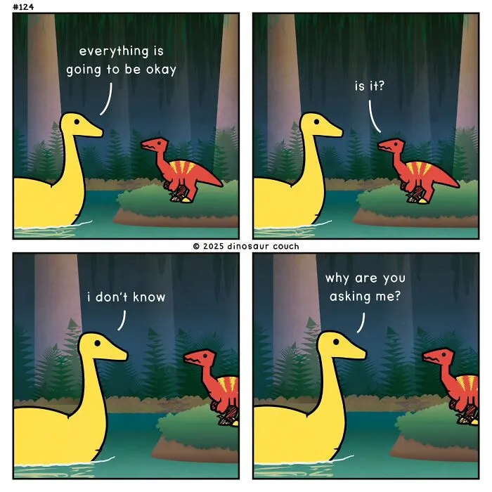 A dinosaur couch comic depicting two dinosaurs in water, questioning if everything will be okay, reflecting anxiety.