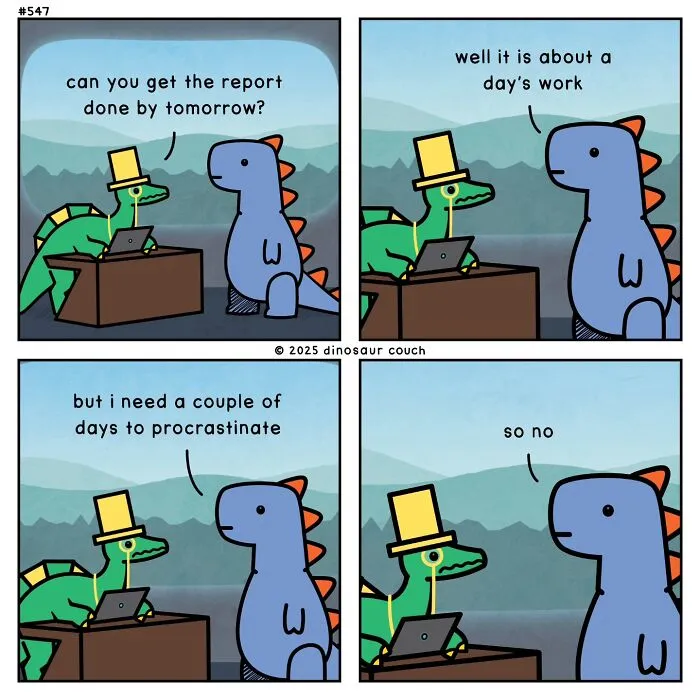 A dinosaur in a top hat asks another dinosaur about a report in a Dinosaur Couch comic about anxiety and humor.
