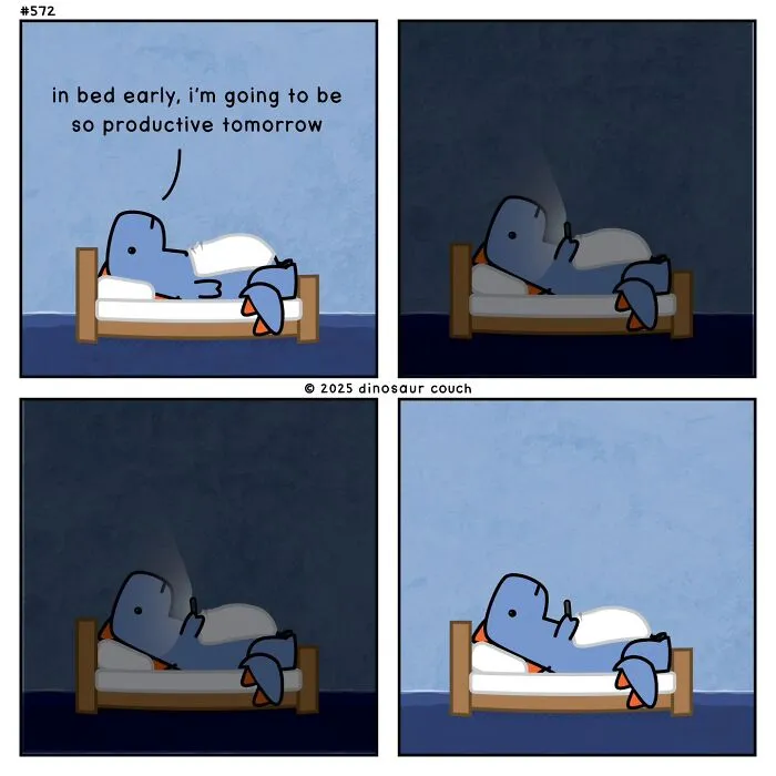A dinosaur couch comic showing a dinosaur in bed, humorously failing to be productive.
