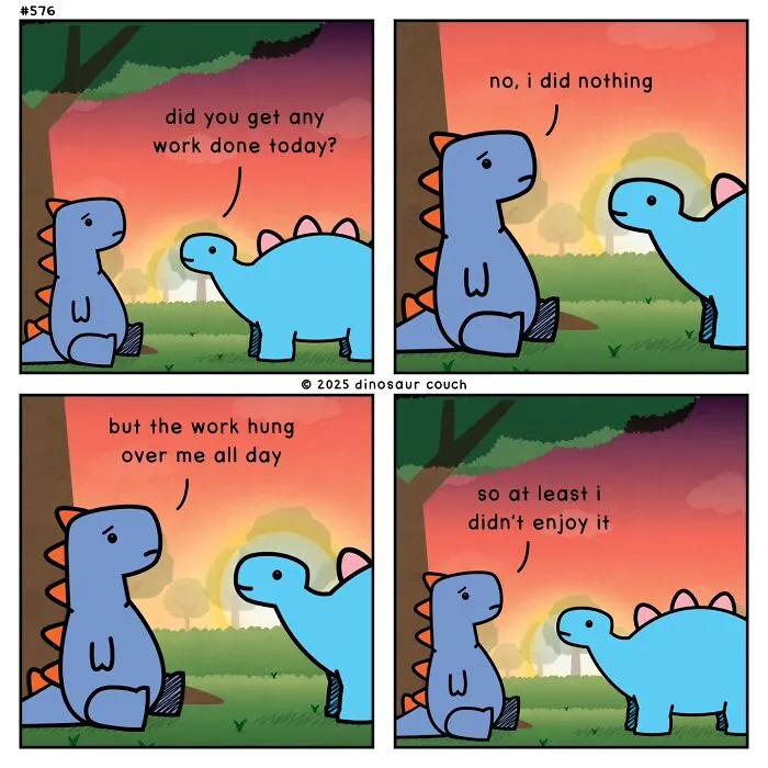 A dinosaur couch comic about a dinosaur dealing with uncompleted work and anxiety.