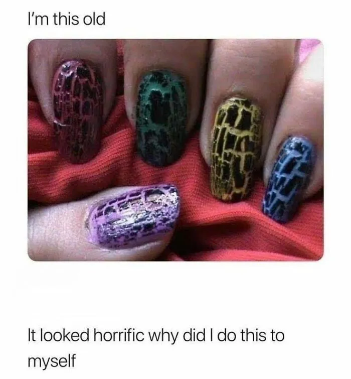 Cracked colorful nails with caption about regret in top-tier random memes
