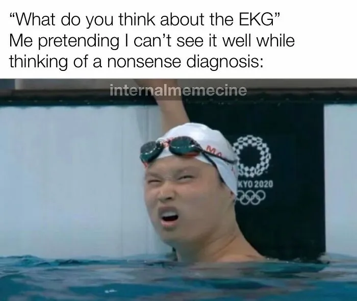 A swimmer in the water with a confused expression, depicting medical memes about Googling symptoms.