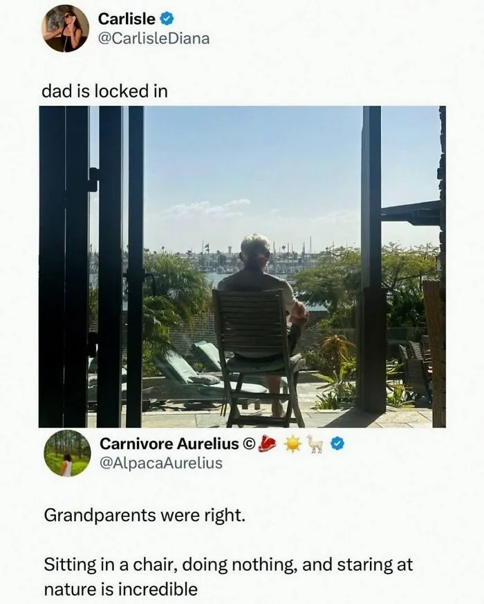 Older man sitting in chair enjoying nature view outside