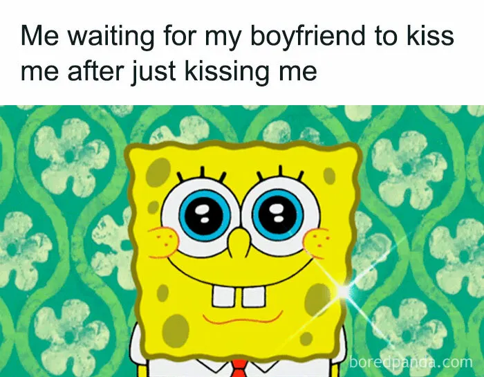 SpongeBob waiting eagerly for boyfriend to kiss again, funny couple meme