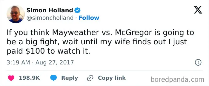 Humorous tweet about paying to watch Mayweather vs McGregor fight