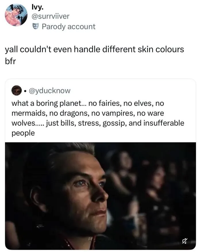 Tweet criticizing lack of fantasy on a boring planet with stressed people