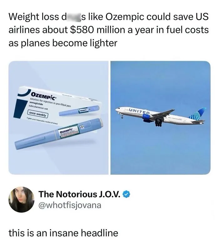 Ozempic weight loss drug and United Airlines airplane representing fuel cost savings