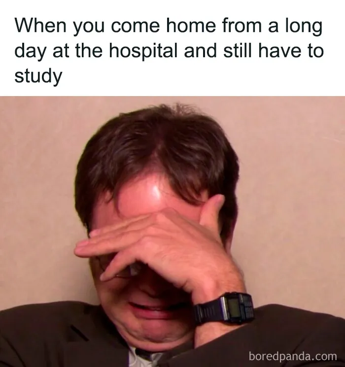 Dwight Schrute crying, hand over face, after a long day at the hospital. A perfect image for medical memes.
