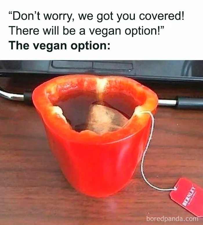 A funny meme showing a teabag steeping inside a red bell pepper, illustrating a disappointing vegan option.