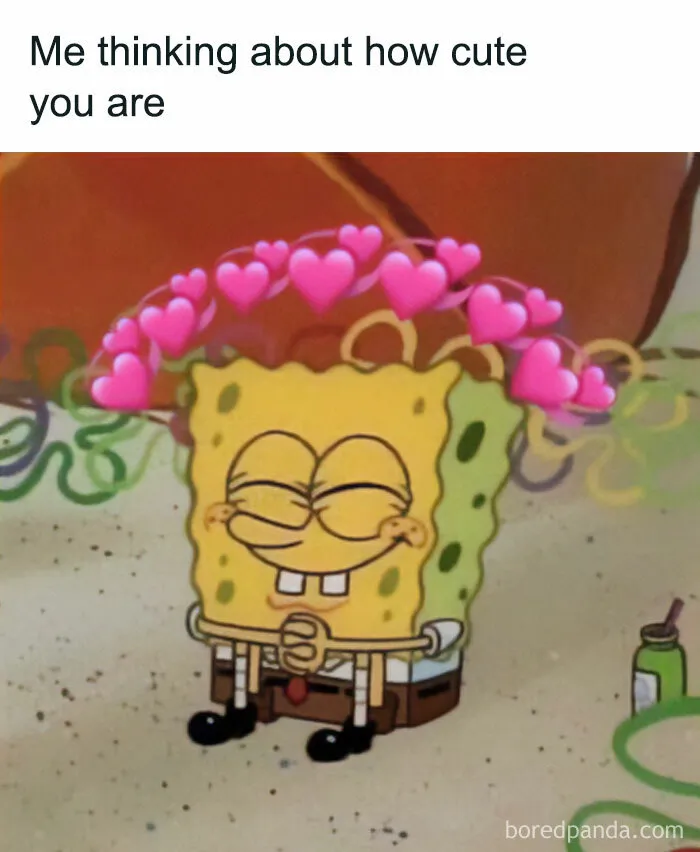 Relatable couple meme with SpongeBob surrounded by hearts thinking about cuteness