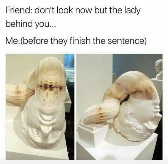 Sculpture bent to hide face with caption about lady behind you meme