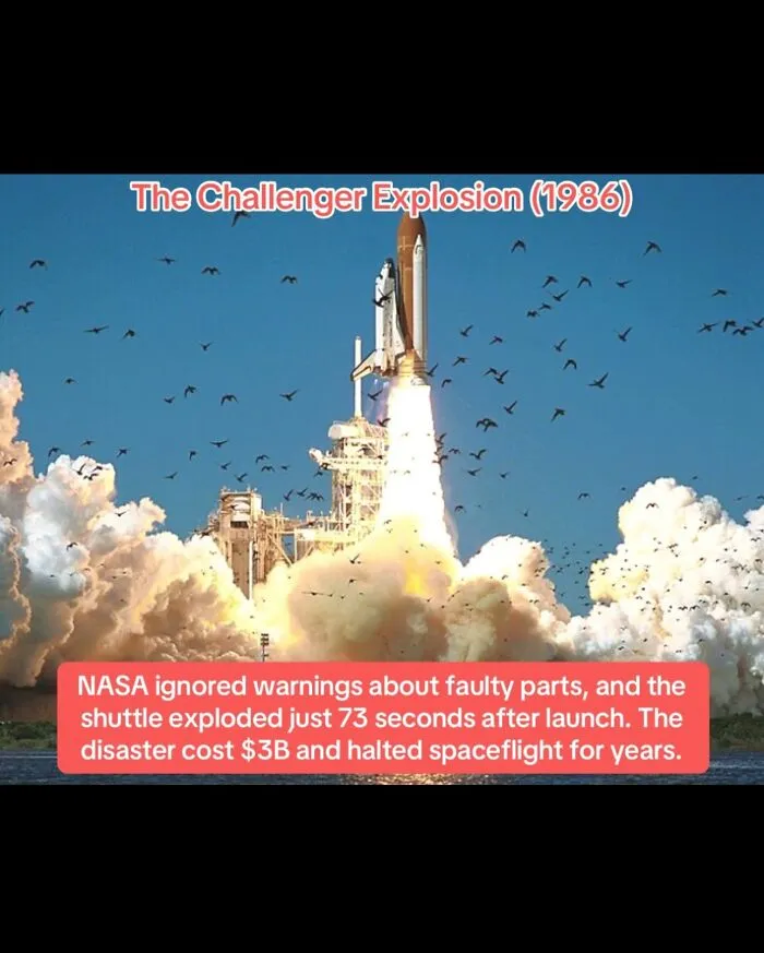 The Challenger explosion in 1986 due to faulty parts causing shuttle disaster and costly spaceflight halt