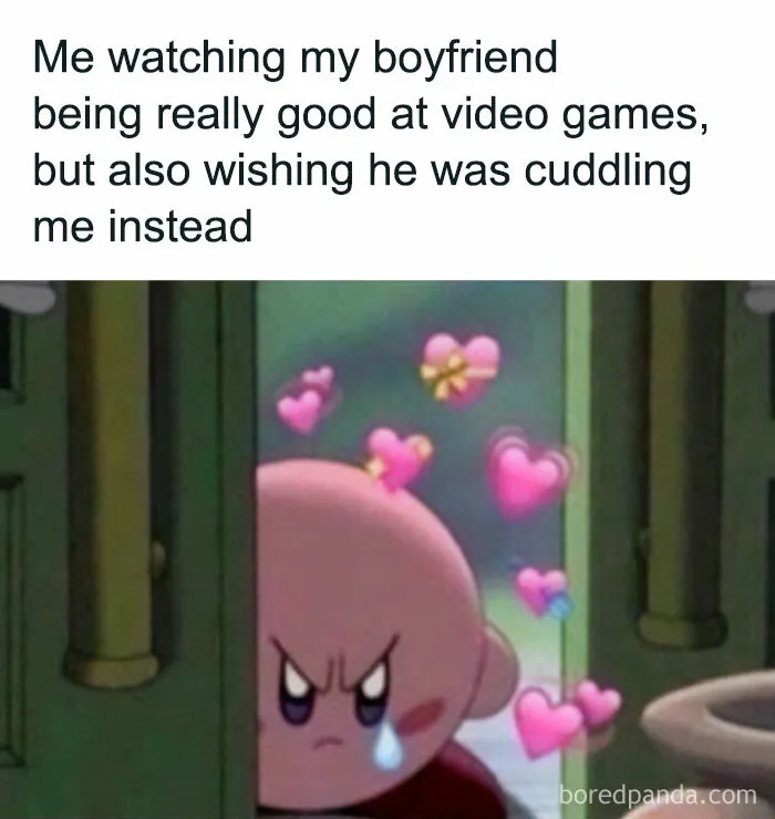 Kirby crying with hearts around in meme about boyfriend playing video games and cuddling
