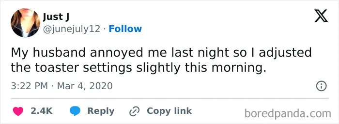 Funny tweet about adjusting toaster settings after husband annoyance in married life