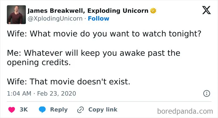 Marriage humor about choosing a movie to keep spouse awake