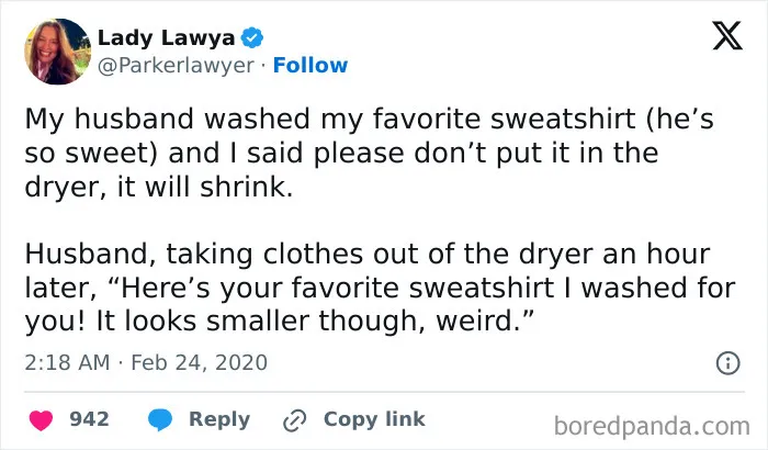 Humorous marriage tweet about shrinking sweatshirt after washing