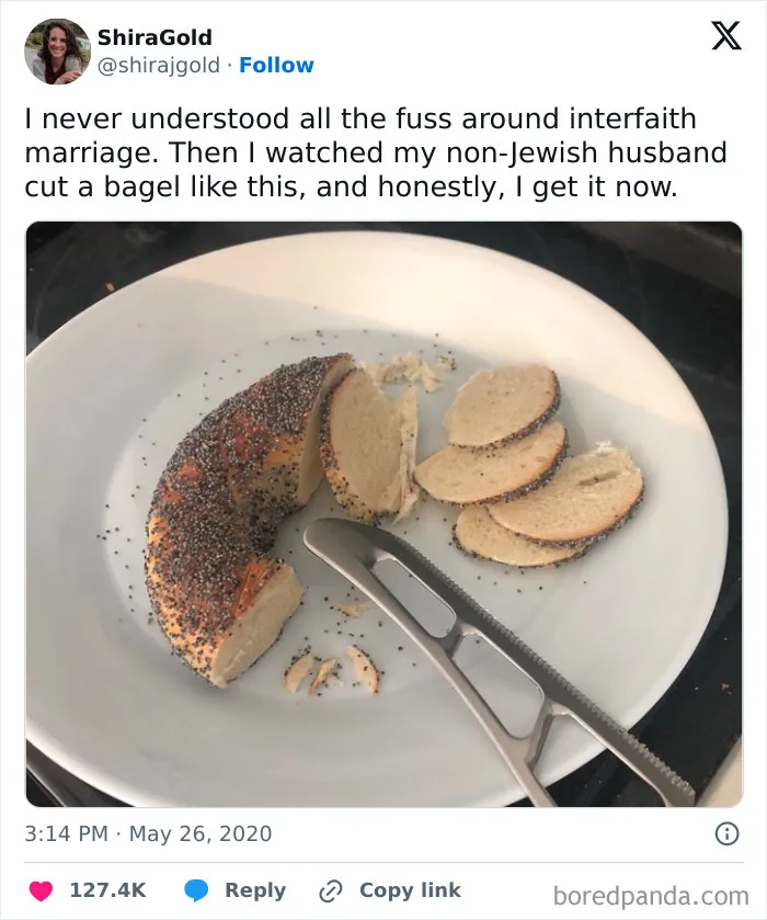 Funny married life social media post about unusual bagel cutting