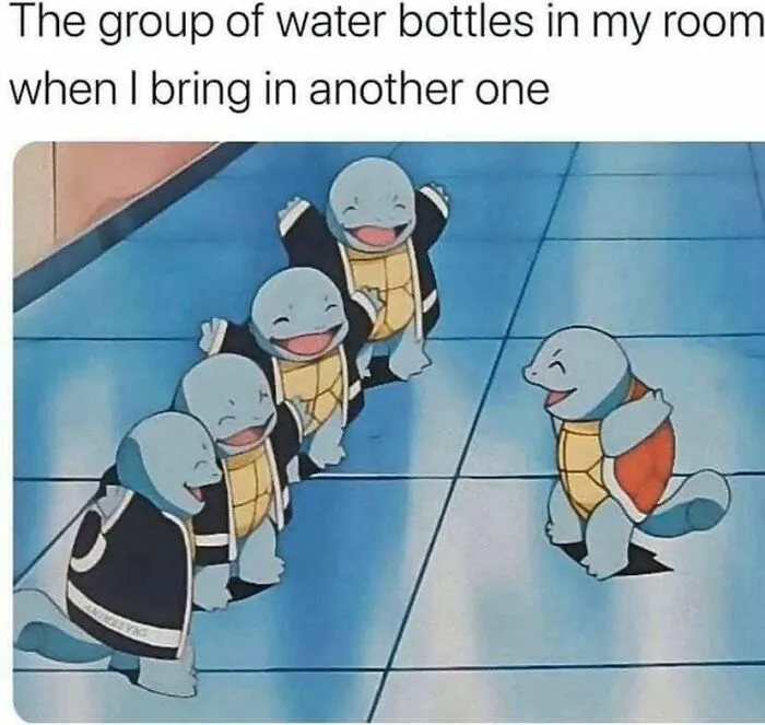 Squirtle cartoon laughing as water bottles welcome another in funny meme