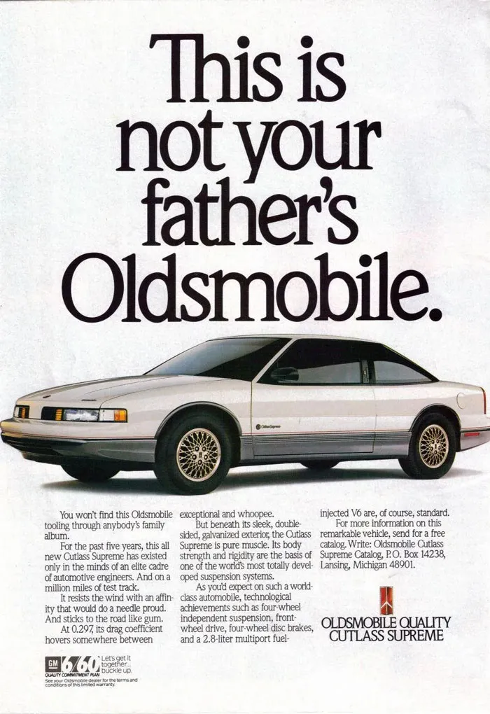 Vintage Oldsmobile ad with slogan showing classic PR fail