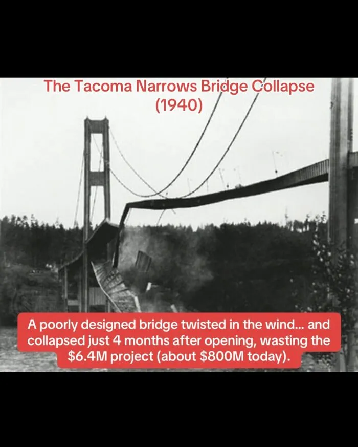 Tacoma Narrows Bridge collapse in 1940 due to poor design twisting and falling months after opening