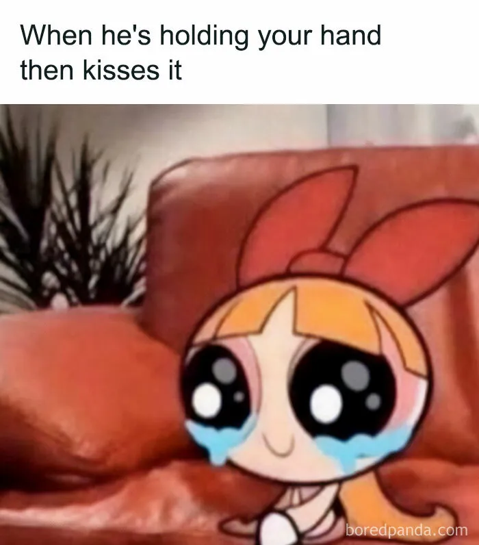 Powerpuff Girl crying happily in sweet couple meme about hand kisses