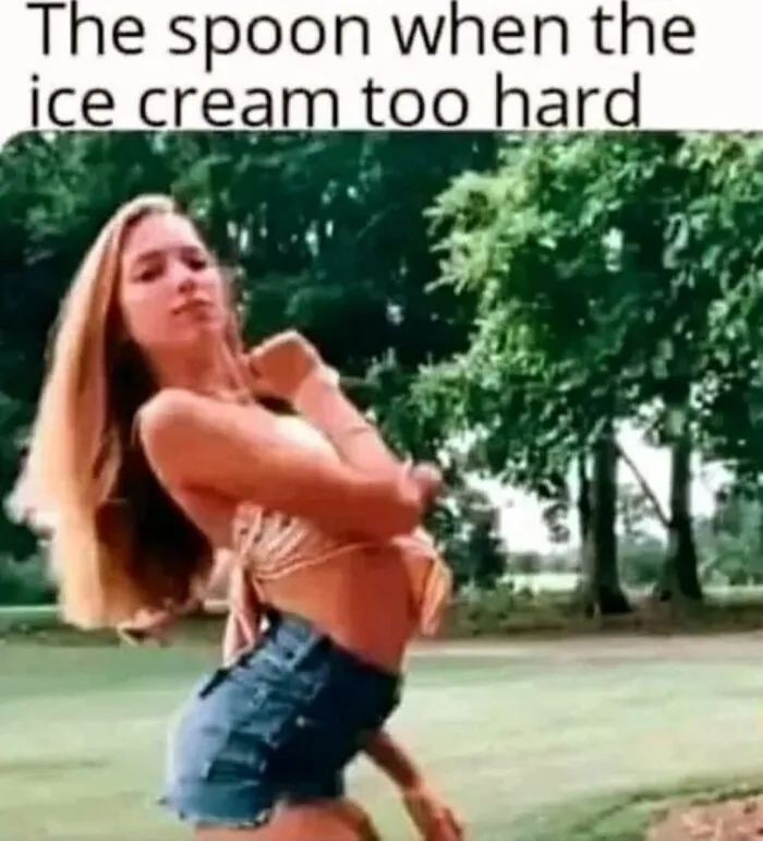 Woman dancing captioned as spoon struggling with hard ice cream