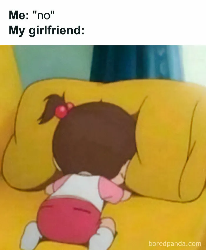 Cute cartoon shows girlfriend hiding behind couch in funny couple meme