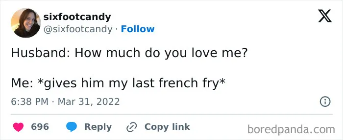 Humorous married life tweet about sharing the last french fry with husband