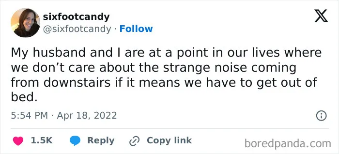 Married life tweet about ignoring strange noises to avoid getting out of bed