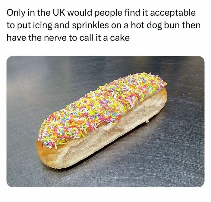 Hot dog bun with icing and sprinkles posing as cake UK meme