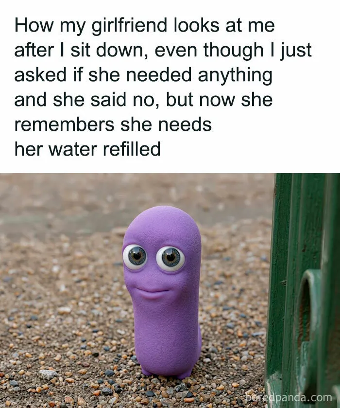 Couple meme showing a purple character representing a girlfriend needing water refilled