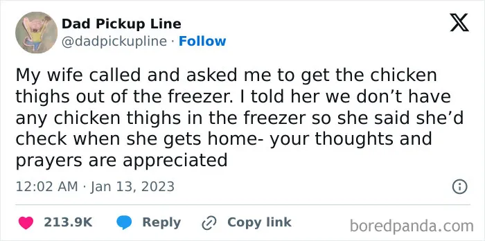 Hilarious married life story about chicken thighs and freezer confusion