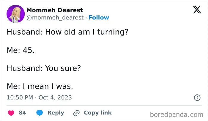 Tweet joking about forgetting husband's age in married life conversation