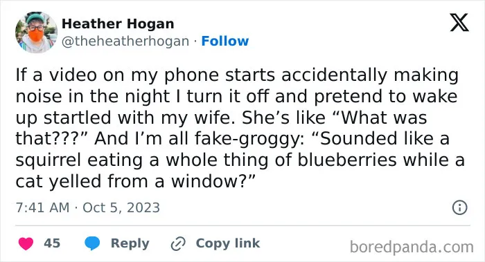 Humorous tweet on married life about fake grogginess and phone noises at night