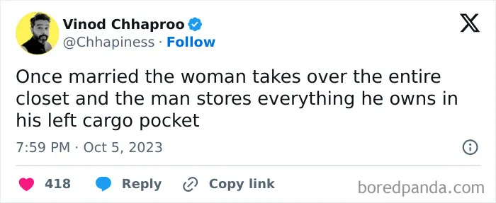 Funny tweet about married couples and closet space dynamics