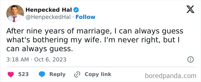 Joke tweet about married life guessing wife's problems but always being wrong