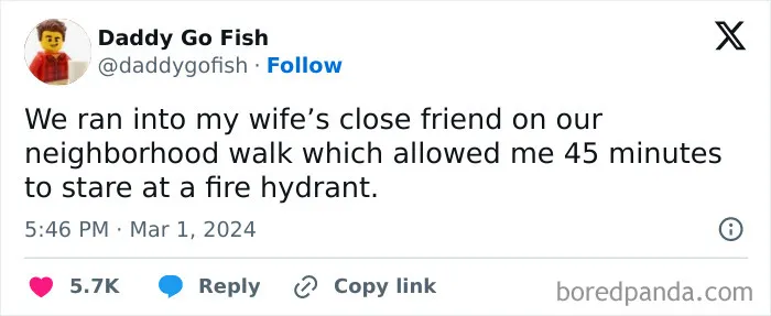 Tweet about wife's friend encounter and watching fire hydrant in married life